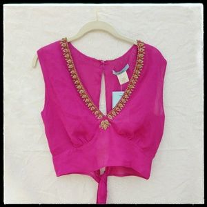 Sexy silk embellished pink top, L